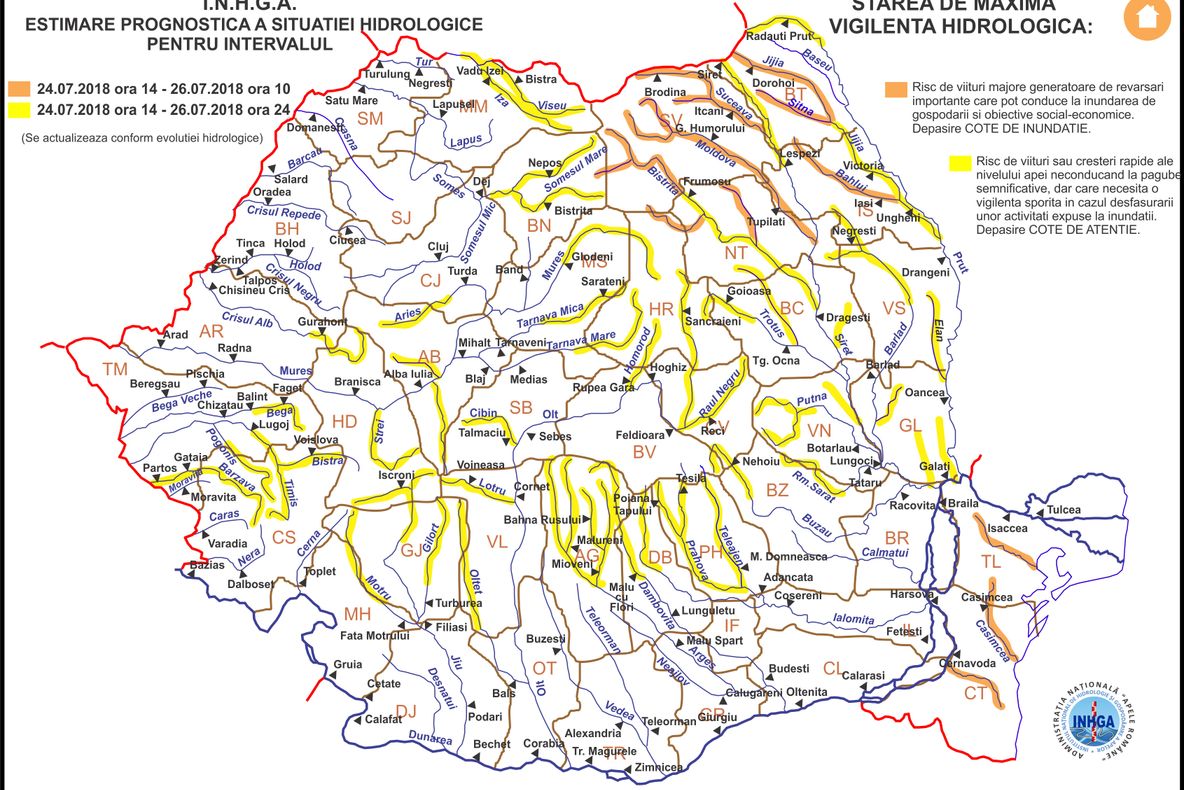 Comandament pentru situații de urgență la Ministerul Apelor și Pădurilor, patru râuri din Caraș-Severin sub cod galben