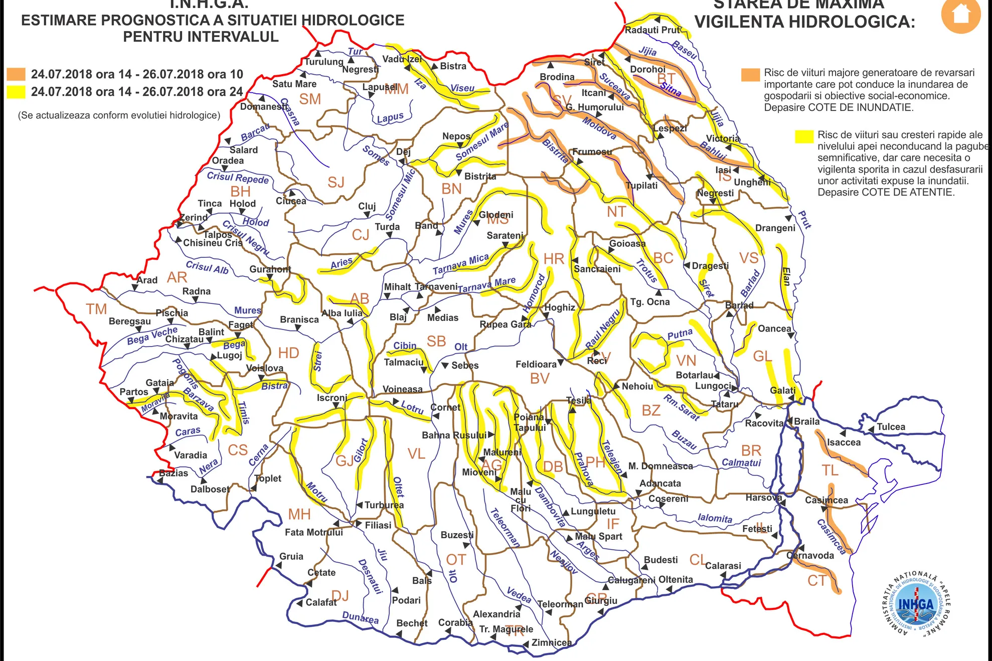 Harta Avertizare Hidrologica nr. 50 din 24.07.2018