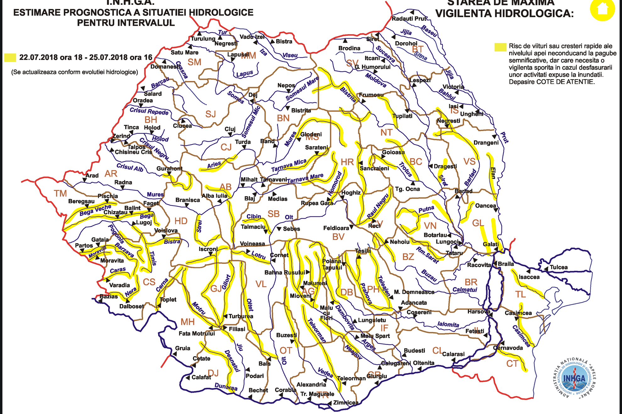 Harta Atentionare Hidrologica nr. 48 din 22.07.2018
