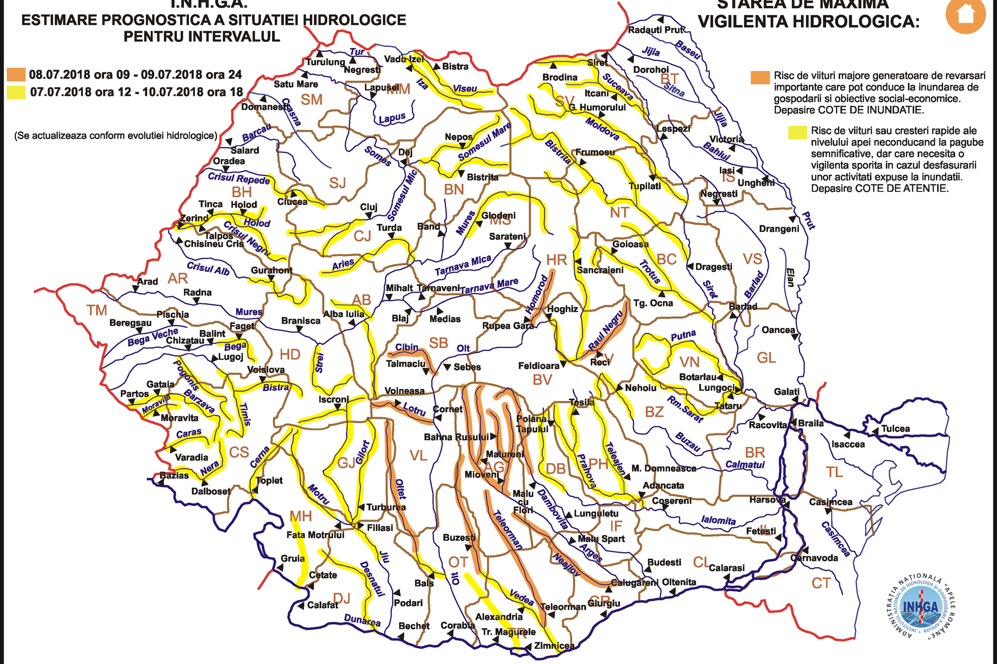 Harta Avertizare Hidrologica nr. 45 din 06.07.2018