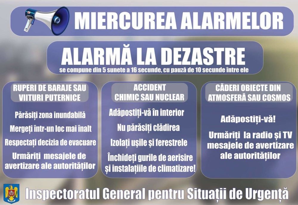 Miercurea Alarmelor : sirenele din județul Neamț vor emite semnalul “Alarmă la dezastre”