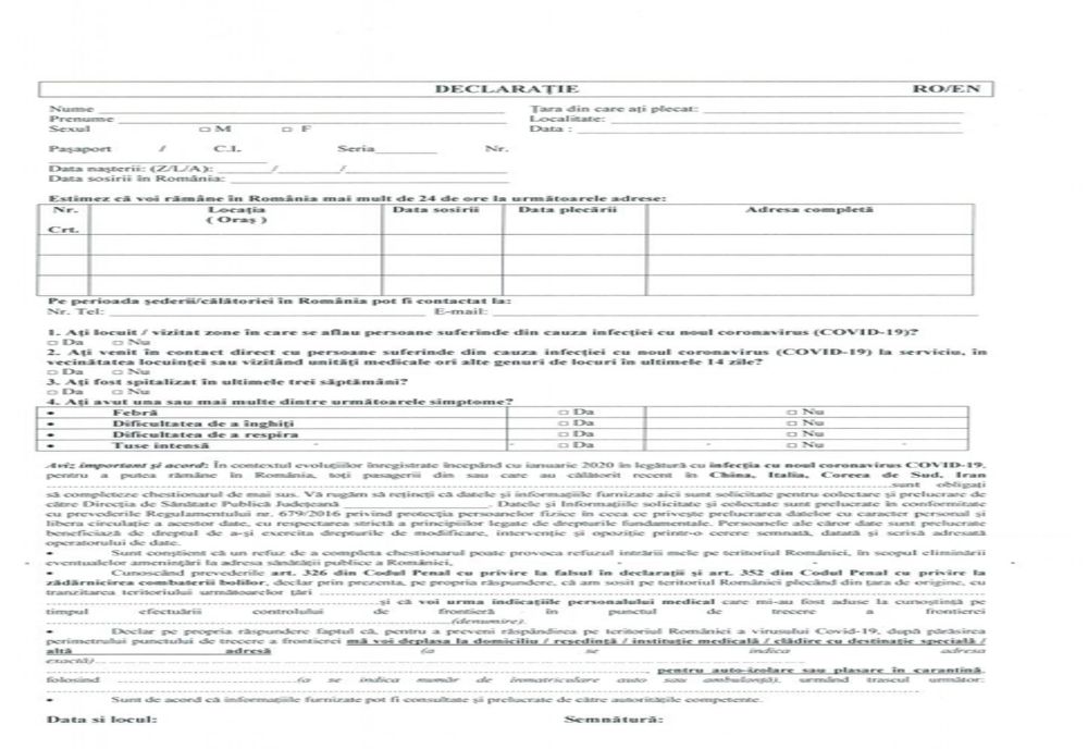Modelul declarației care trebuie completată la intrarea în România!
