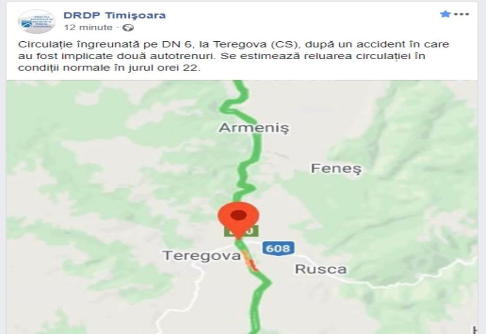 Circulația oprită pe DN 6, două TIR-uri s-au ciocnit frontal
